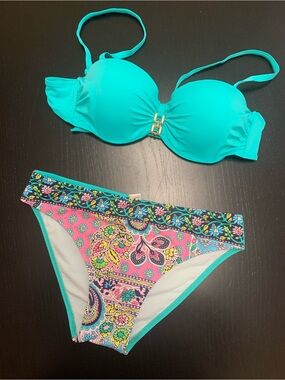 Turquoise Push-Up Bikini Set with Pink Floral Paisley Bottom - Women Swim